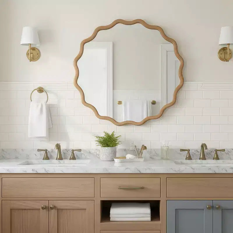 Specchio decorativo da parete moderno da fattoria con cornice in legno massello rotonda ondulata da 36 pollici per camera da letto bagno soggiorno ingresso legno naturale
