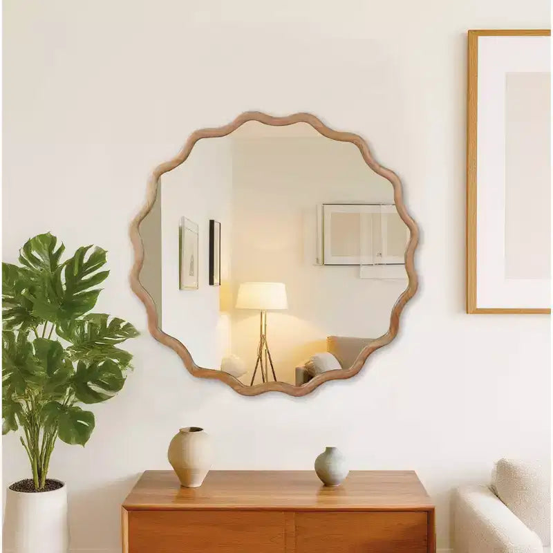 Specchio decorativo da parete moderno da fattoria con cornice in legno massello rotonda ondulata da 36 pollici per camera da letto bagno soggiorno ingresso legno naturale