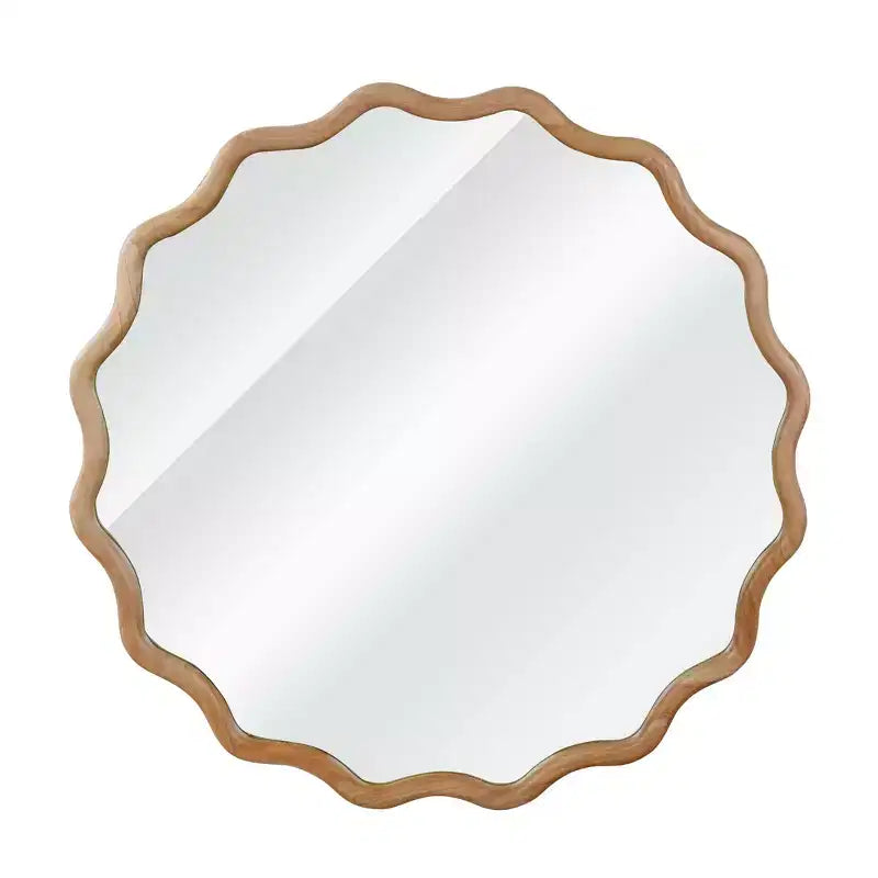 Specchio decorativo da parete moderno da fattoria con cornice in legno massello rotonda ondulata da 36 pollici per camera da letto bagno soggiorno ingresso legno naturale