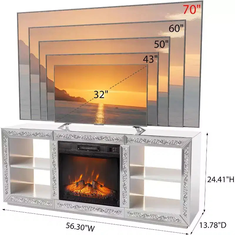 Mobile TV per camino a specchio con camino elettrico da 18" per TV da 70", mobile da intrattenimento diamantato con mensole e luci a LED