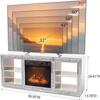 Mobile TV per camino a specchio con camino elettrico da 18" per TV da 70", mobile da intrattenimento diamantato con mensole e luci a LED