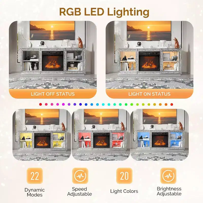 Mobile TV per camino a specchio con camino elettrico da 18" per TV da 70", mobile da intrattenimento diamantato con mensole e luci a LED