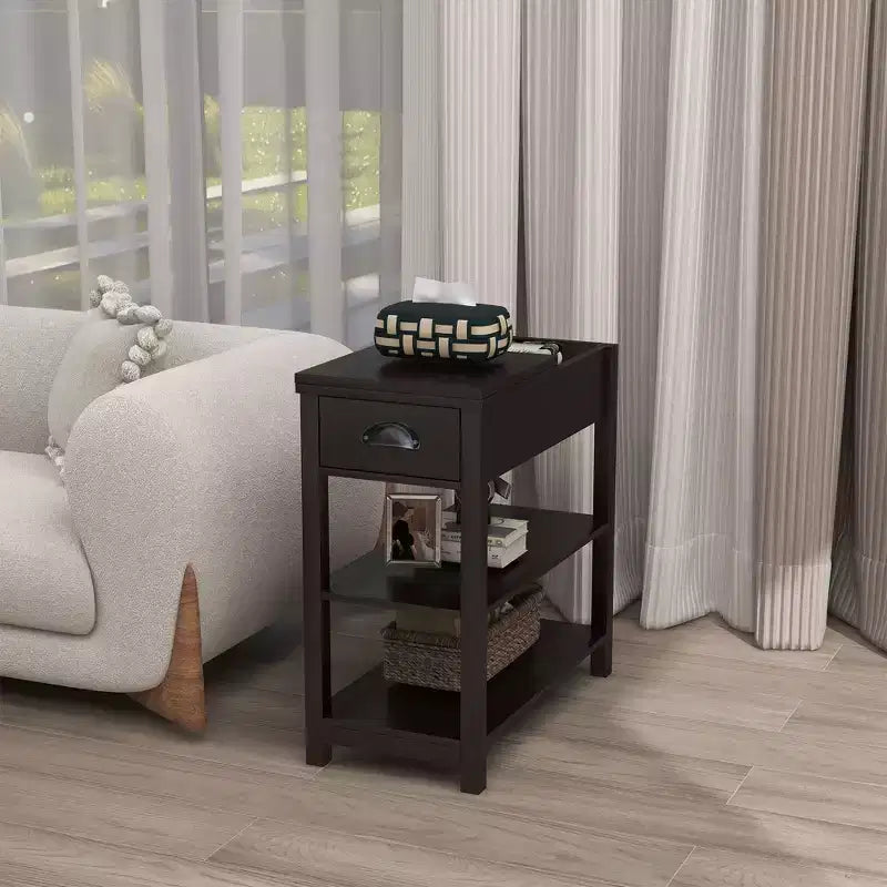 Tavolino vintage stretto con piano ribaltabile, tavolino con cassetti e ripiani inferiori, tavolino da divano, comodino