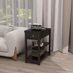 Tavolino vintage stretto con piano ribaltabile, tavolino con cassetti e ripiani inferiori, tavolino da divano, comodino