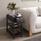 Okak Vintage Narrow Sided Table with Flip-Up Tabletop, End Table with Drawers and Bottom Shelves, Couch Table for Sofa Side, Bed Side