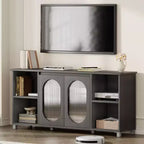 Rustic TV Console, Modern Entertainment Center with Wavy Glass Doors, Open Shelving Design, Suitable for Living Rooms and Bedrooms