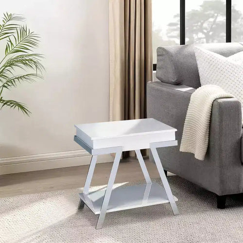 Royal Hampton 26 Inch Side End Table, Open Shelf, Chrome, High Gloss White Finish