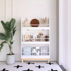 Mensola per libri per bambini da parete con 3 ripiani espositivi frontali, moderna libreria bianca con base in legno naturale - Bianco
