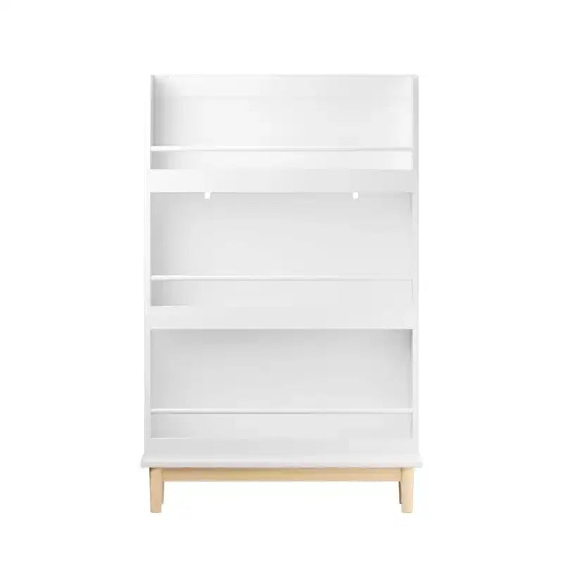 Mensola per libri per bambini da parete con 3 ripiani espositivi frontali, moderna libreria bianca con base in legno naturale - Bianco