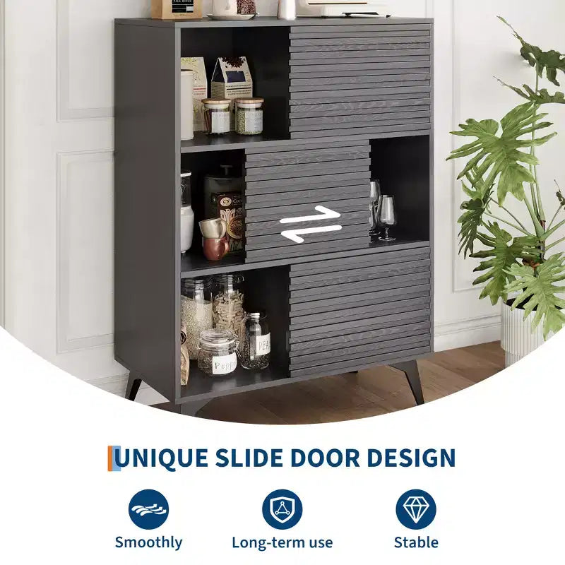 Ripiani Regolabili, Mobiletto Contenitore Scanalato con Ante Scorrevoli, Mobiletto da Terra Alto 109 cm, Espositore Moderno a 3 Ripiani con Gambe, Soggiorno, Cucina, Nero