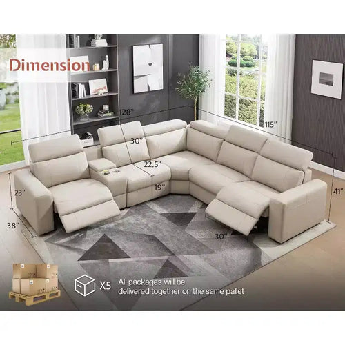 Divano Reclinabile Elettrico 128, Divano Sezionale Reclinabile Elettrico con Consolle e Doppi Recliner, Divano Oversize per Soggiorno, Leathaire Beige Marrone