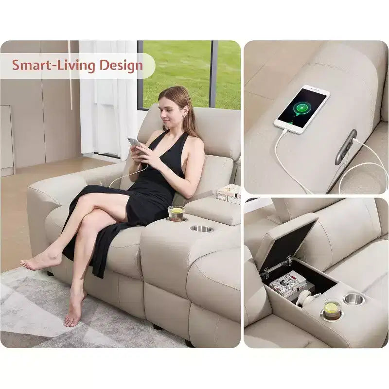 Divano Reclinabile Elettrico 128, Divano Sezionale Reclinabile Elettrico con Consolle e Doppi Recliner, Divano Oversize per Soggiorno, Leathaire Beige Marrone
