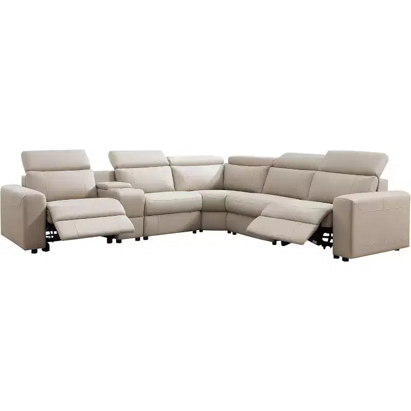 Divano Reclinabile Elettrico 128, Divano Sezionale Reclinabile Elettrico con Consolle e Doppi Recliner, Divano Oversize per Soggiorno, Leathaire Beige Marrone