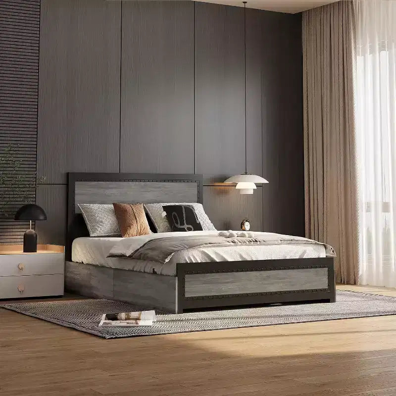 Struttura letto matrimoniale Queen Size con quattro cassetti portaoggetti e stazione di ricarica, letto a piattaforma rivettato con testiera, supporto a doghe in metallo, grigio