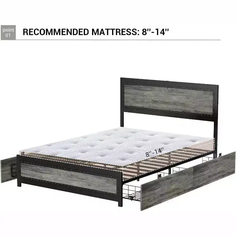 Struttura letto matrimoniale Queen Size con quattro cassetti portaoggetti e stazione di ricarica, letto a piattaforma rivettato con testiera, supporto a doghe in metallo, grigio