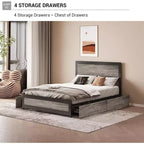 Struttura letto matrimoniale Queen Size con quattro cassetti portaoggetti e stazione di ricarica, letto a piattaforma rivettato con testiera, supporto a doghe in metallo, grigio