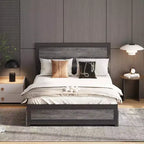 Struttura letto matrimoniale Queen Size con quattro cassetti portaoggetti e stazione di ricarica, letto a piattaforma rivettato con testiera, supporto a doghe in metallo, grigio