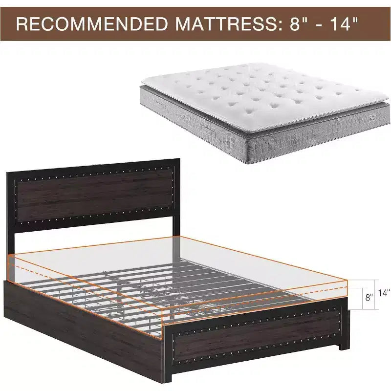 Struttura letto matrimoniale Queen Size con quattro cassetti portaoggetti e stazione di ricarica, letto a piattaforma rivettato con testiera, supporto a doghe in metallo, grigio