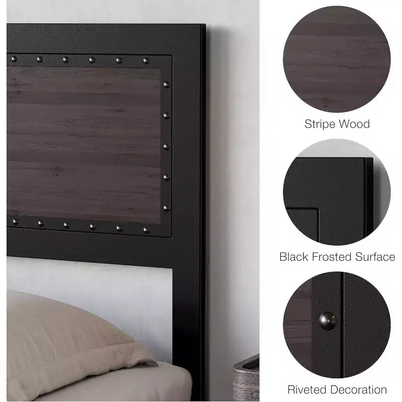 Struttura letto matrimoniale Queen Size con quattro cassetti portaoggetti e stazione di ricarica, letto a piattaforma rivettato con testiera, supporto a doghe in metallo, grigio