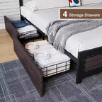 Struttura letto matrimoniale Queen Size con quattro cassetti portaoggetti e stazione di ricarica, letto a piattaforma rivettato con testiera, supporto a doghe in metallo, grigio