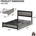 Struttura letto matrimoniale Queen Size con quattro cassetti portaoggetti e stazione di ricarica, letto a piattaforma rivettato con testiera, supporto a doghe in metallo, grigio