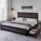 Acekool Queen Size Bed Frame with Four Storage Drawers & Charging Station, Riveted Platform Bed with Headboard, Metal Slat Support, Grey