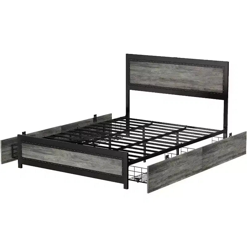 Struttura letto matrimoniale Queen Size con quattro cassetti portaoggetti e stazione di ricarica, letto a piattaforma rivettato con testiera, supporto a doghe in metallo, grigio