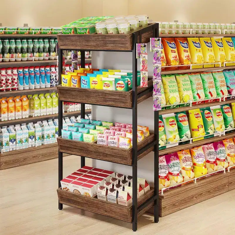 Espositore per Snack a 4 Ripiani con 4 Ganci, adatto per venditori ambulanti, negozi, supermercati e cucine domestiche.