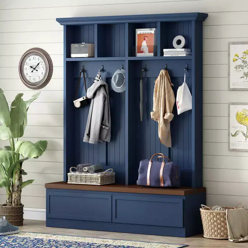 Clihome Farmhouse 4-in-1 Hall Tree with Wood Grain Bench with 2 Large Drawer for Hallway