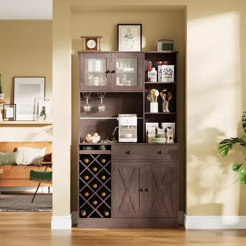 Mobile Bar da Caffè con Ante Scorrevoli Stile Fienile - Credenza Portabottiglie per Cucina Sala da Pranzo