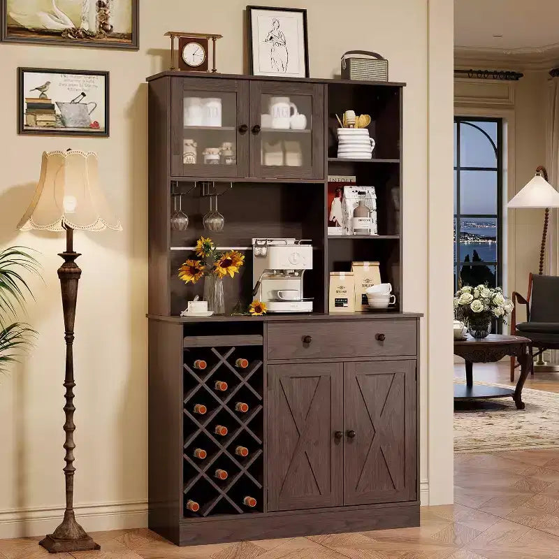 GustoWave Coffee Bar Cabinet with Barn Doors - Wine Storage Sideboard for Kitchen Dining Room