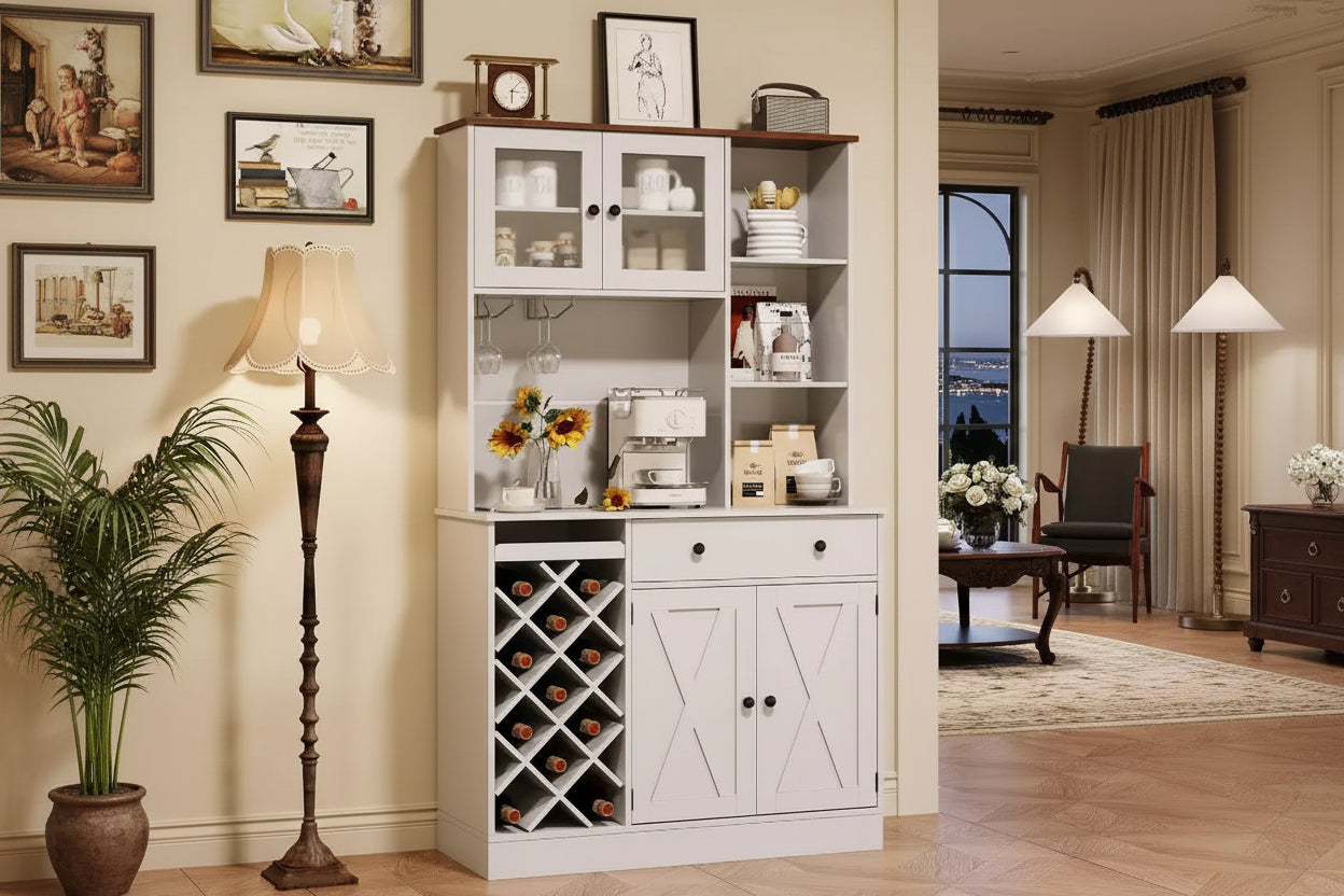Mobile Bar da Caffè con Ante Scorrevoli Stile Fienile - Credenza Portabottiglie per Cucina Sala da Pranzo