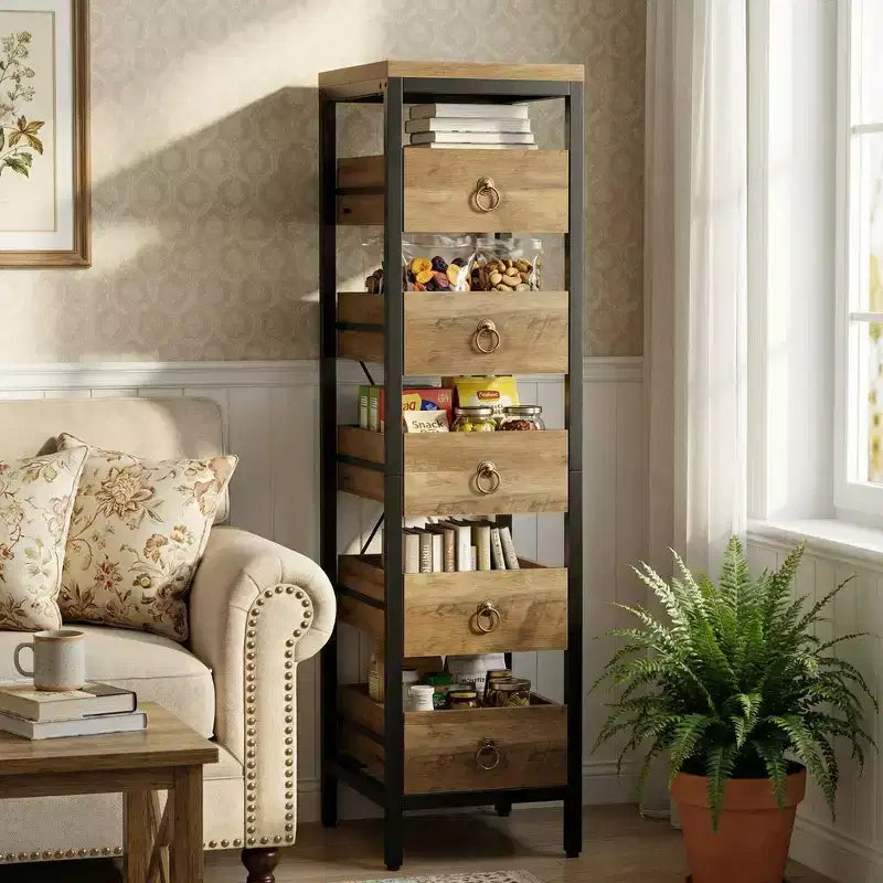 Portafrutta e Verdura in Legno, Scaffale Stretto a 5 Ripiani per Snack e Frutta, Organizer Multiuso per Cucina, Soggiorno, Camera da Letto