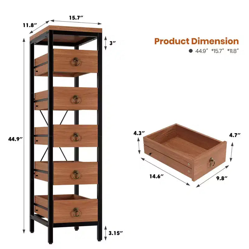 Portafrutta e Verdura in Legno, Scaffale Stretto a 5 Ripiani per Snack e Frutta, Organizer Multiuso per Cucina, Soggiorno, Camera da Letto