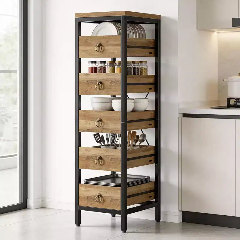 Portafrutta e Verdura in Legno, Scaffale Stretto a 5 Ripiani per Snack e Frutta, Organizer Multiuso per Cucina, Soggiorno, Camera da Letto