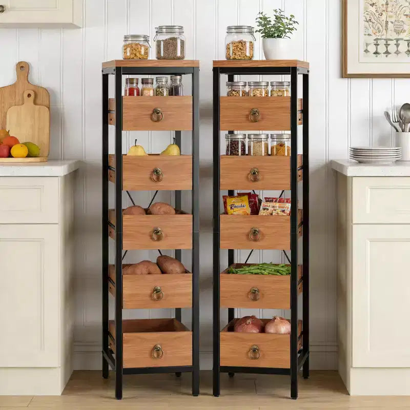 Portafrutta e Verdura in Legno, Scaffale Stretto a 5 Ripiani per Snack e Frutta, Organizer Multiuso per Cucina, Soggiorno, Camera da Letto