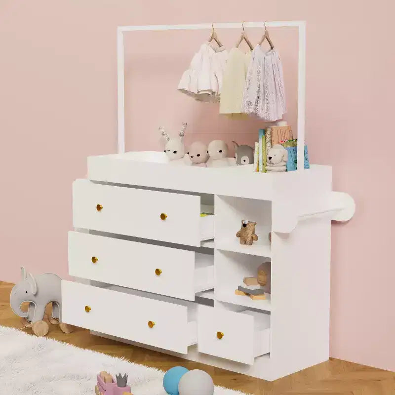 Fasciatoio con 3 Cassetti Extra Profondi, Ripiano Contenitore e Ganci Ideale per Asili Nido Bianco