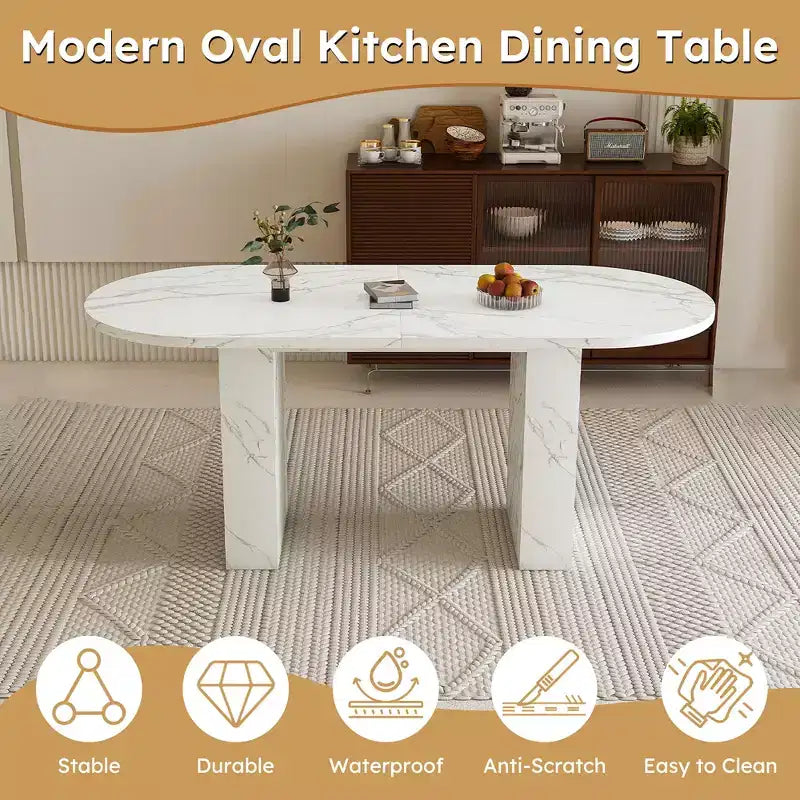 Tavolo da pranzo ovale per 6 persone, tavolo da cucina con base a strisce di legno, tavolo da pranzo stile farmhouse impermeabile e antigraffio