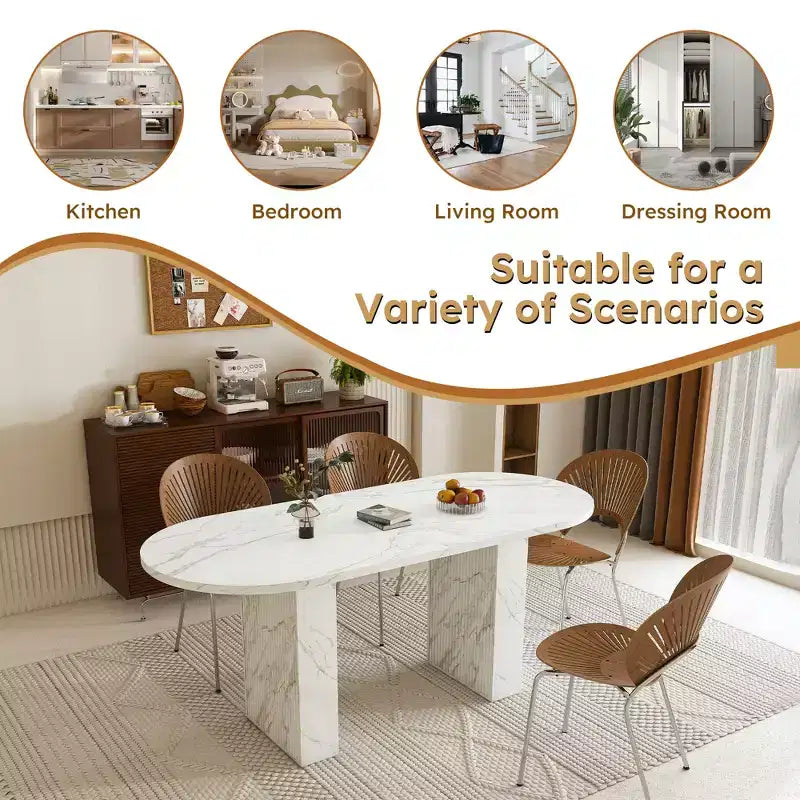 Tavolo da pranzo ovale per 6 persone, tavolo da cucina con base a strisce di legno, tavolo da pranzo stile farmhouse impermeabile e antigraffio