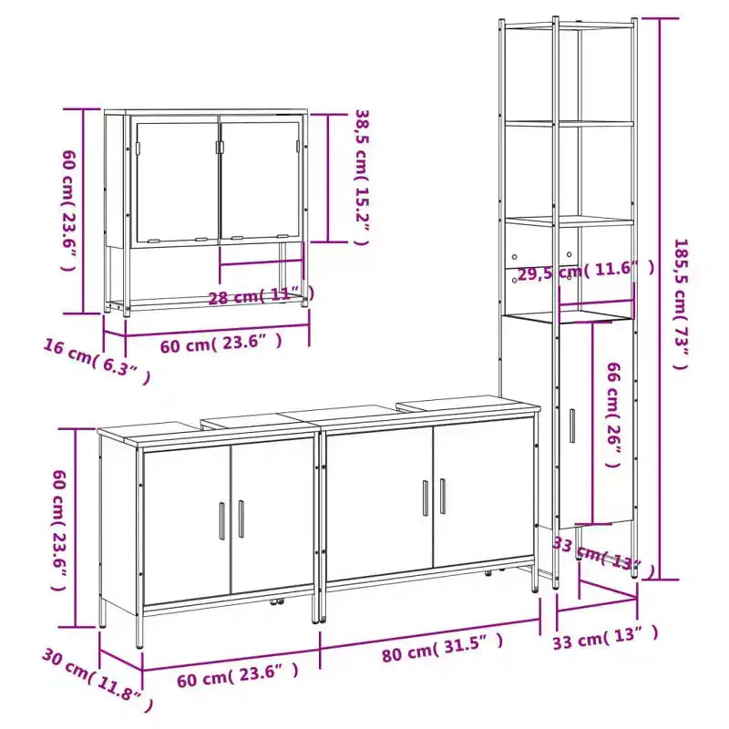 Mobile bagno con mensola 4 pz in legno multistrato, stile moderno