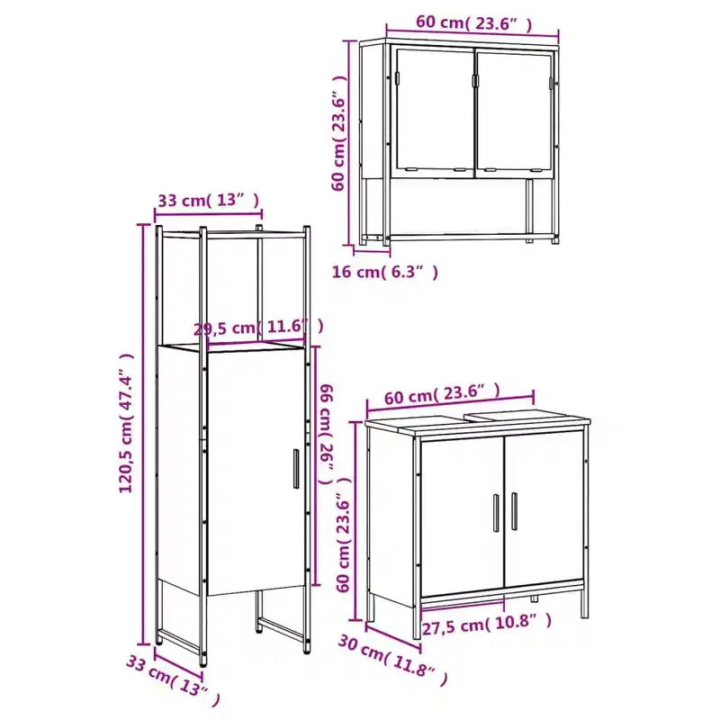 Mobile da bagno con mensola 3 pz in legno multistrato
