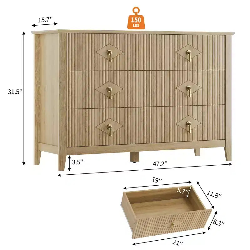 Cassettiera 6 cassetti larga 48, cassettiera moderna con maniglie in metallo per camera da letto, legno naturale