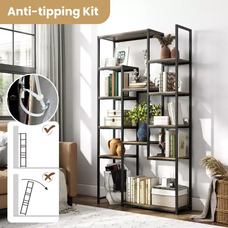 Libreria Alta 180 cm con 12 Ripiani Aperti, Kit Antiribaltamento, per Soggiorno Ufficio