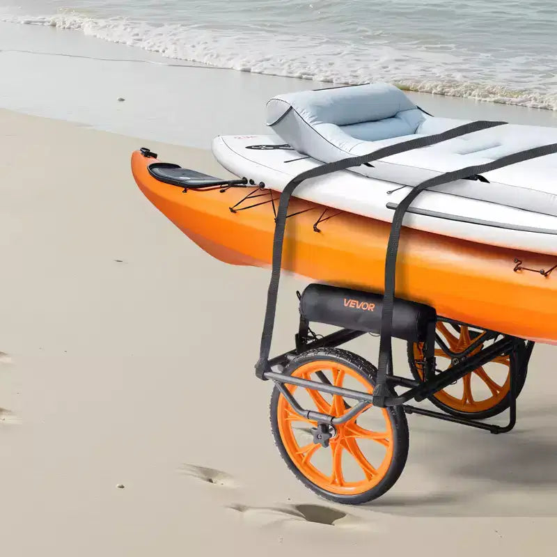 Carrello per kayak, capacità di carico 150 kg, carrello per canoa con ruote in gomma piena da 15 pollici e cavalletto, si monta e smonta in pochi secondi, nero+arancione