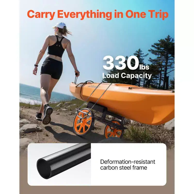 Carrello per kayak, capacità di carico 150 kg, carrello per canoa con ruote in gomma piena da 15 pollici e cavalletto, si monta e smonta in pochi secondi, nero+arancione