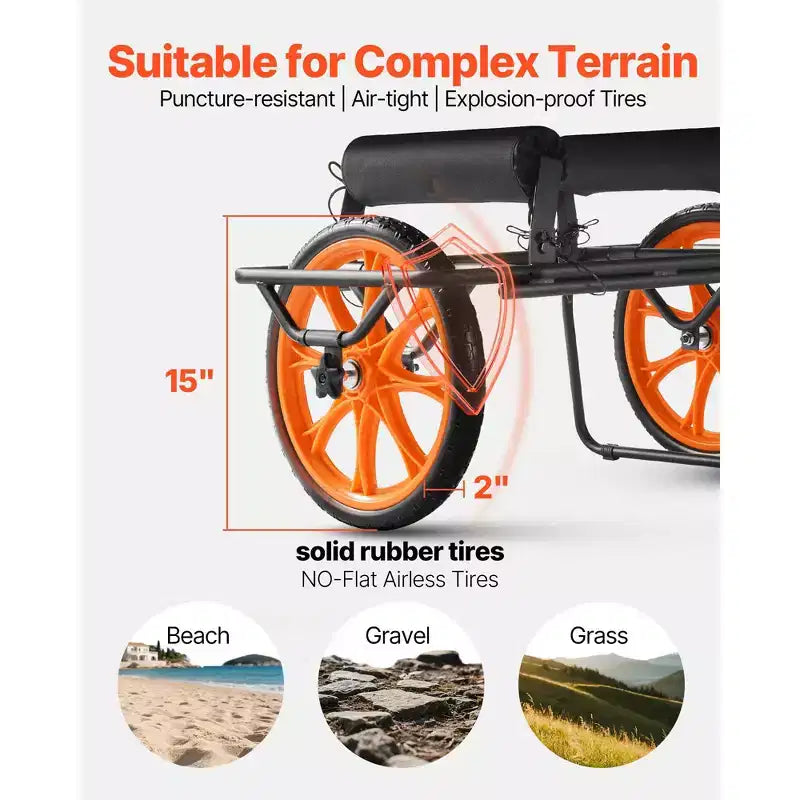 Carrello per kayak, capacità di carico 150 kg, carrello per canoa con ruote in gomma piena da 15 pollici e cavalletto, si monta e smonta in pochi secondi, nero+arancione