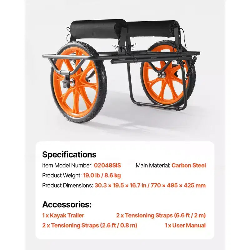 Carrello per kayak, capacità di carico 150 kg, carrello per canoa con ruote in gomma piena da 15 pollici e cavalletto, si monta e smonta in pochi secondi, nero+arancione