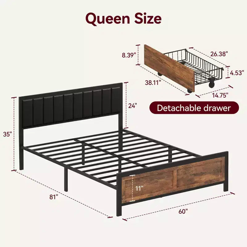 Struttura letto matrimoniale con 4 cassetti contenitore, letto a piattaforma in metallo con testiera imbottita in pelle PU, non è necessario il box spring, senza rumore