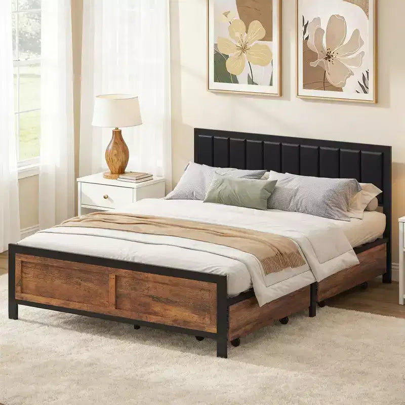 Struttura letto matrimoniale con 4 cassetti contenitore, letto a piattaforma in metallo con testiera imbottita in pelle PU, non è necessario il box spring, senza rumore