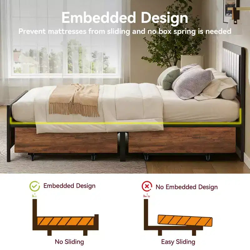 Struttura letto matrimoniale con 4 cassetti contenitore, letto a piattaforma in metallo con testiera imbottita in pelle PU, non è necessario il box spring, senza rumore